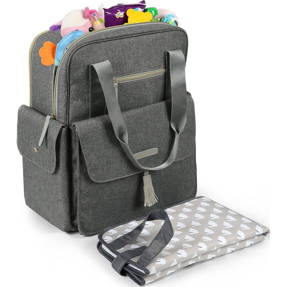 Dabney Lee Expandable Backpack Diaper Bag Grey Bunny Print Change Mat NWT - Picture 2 of 16